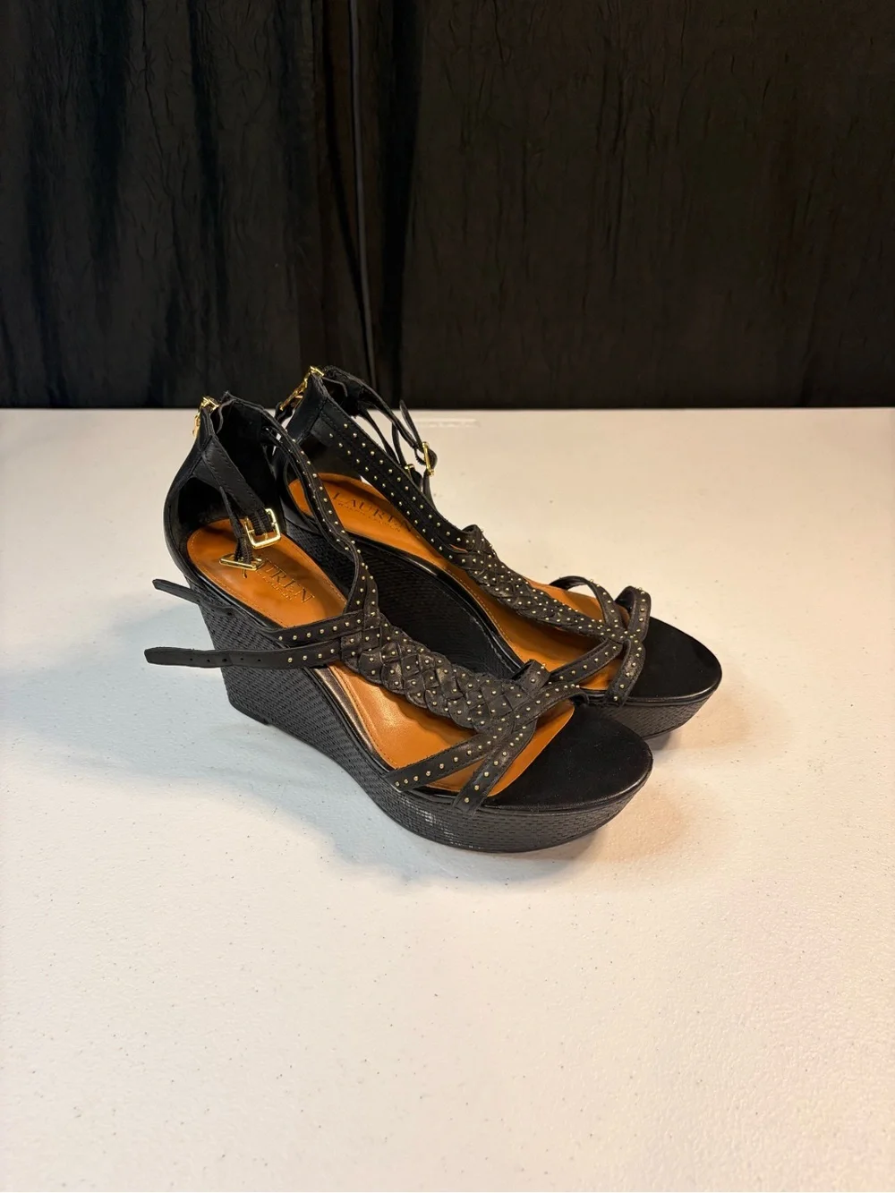 Lauren Ralph Lauren Quanta Black Leather Studded Wedge Sandals‎ 8.5B 11424 L15